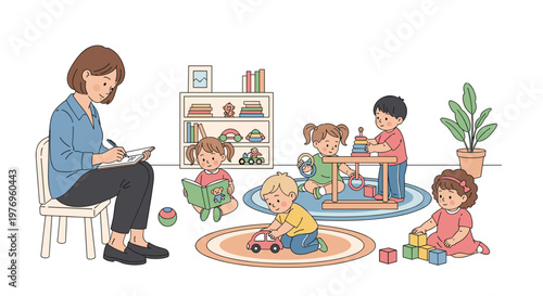 A patient teacher writes in a notebook while diverse children engage in creative play with wooden toys and books in a bright and cozy classroom setting.