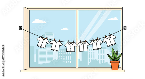 Clean white shirts hang neatly on a thin wire clothesline across a bright window frame in a minimalist apartment setting with soft natural daylighting.