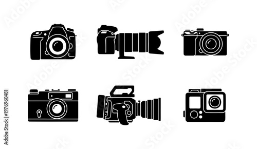 Camera icon set, digital photography equipment, 6 black vector silhouettes