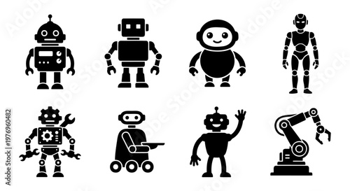 Robot icon set, 8 black vector silhouettes, futuristic android characters