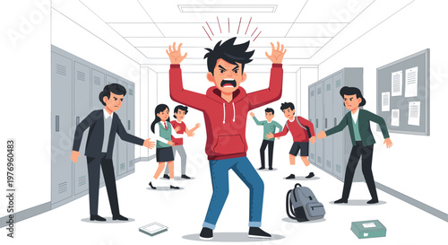 A student in a red hoodie stands with arms raised in a fit of rage while classmates look on in a school hallway with lockers and a bulletin board background.