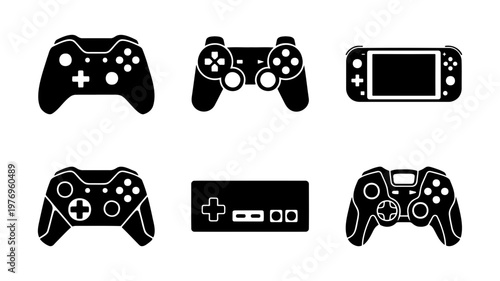 Video game controller icons, 6 gaming gamepad vectors, black console joypads
