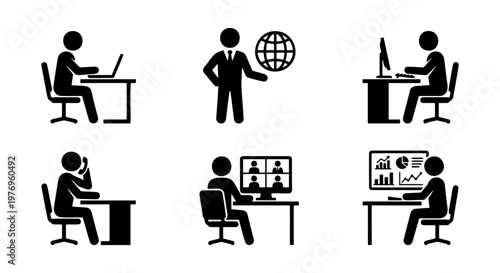 Business office icon set, professional worker pictograms, 6 vector elements