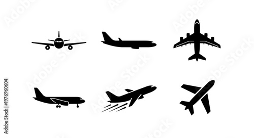 Airplane silhouette icons set. 6 aircraft vector symbols for travel design.