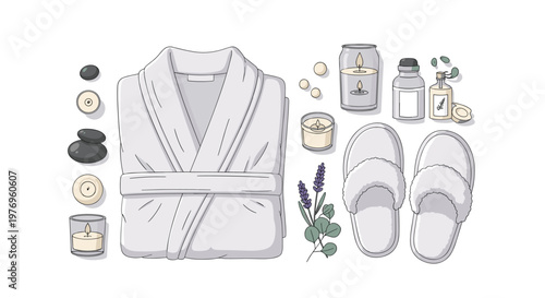 A plush white bathrobe is neatly folded and surrounded by relaxing spa essentials including hot stones, candles, slippers, and lavender on a white surface.
