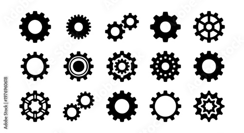 Industrial gear icons set, black cogwheel vector, mechanical engine parts