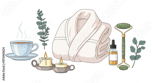 A clean white bathrobe is displayed next to a steaming cup of tea, a jade facial roller, and fresh eucalyptus branches on a minimalist white background.