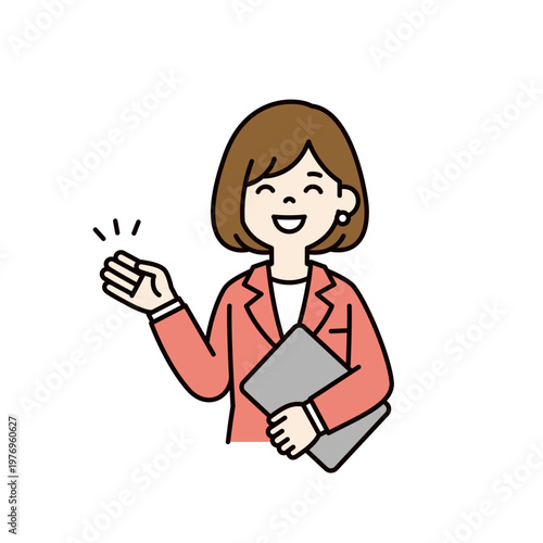 ノートパソコンを片手に持って案内・紹介する、キャリアウーマンの上半身ベクターイラスト素材
