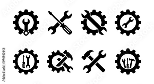 Industrial gear and tool icons. 8 repair service vectors. Mechanic symbols.
