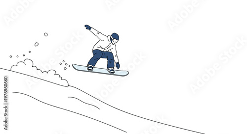 A snowboarder wearing a white jacket performs an athletic jump while leaving a trail of powder snow behind on a mountain slope against a white background.
