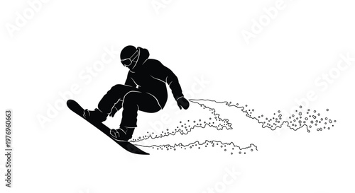 A high contrast black silhouette of a snowboarder carving through deep snow and creating a large spray of powder on a clean and minimalist white surface.