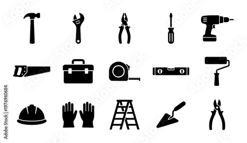 Construction tool icons, 15 black vector silhouettes, repair equipment set