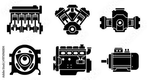 Car engine icon set, automotive motor silhouettes, 6 vehicle engine vectors