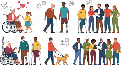 Diverse people with disabilities set including wheelchair users amputees and blind person with guide dog for inclusive society and accessibility concept vector.