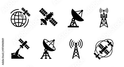 Satellite communication icons, 8 black vector symbols, telecommunication set