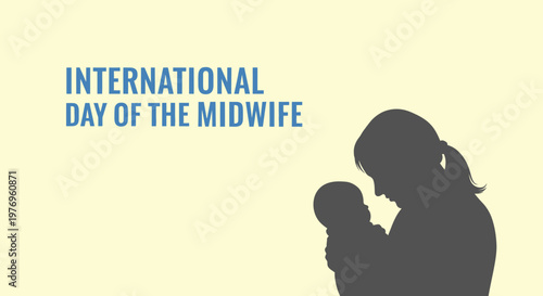 International Day of the Midwife with Mother and Newborn Baby Silhouette in Tender Embrace on Light Yellow Background