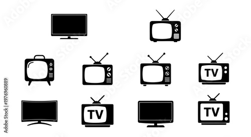 Retro television icons set, vintage TV vector collection, 10 screen symbols