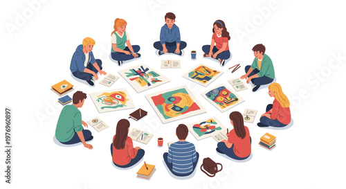 A diverse group of students sits in a circle on the floor to review and discuss colorful abstract art pieces spread out within a bright creative studio.