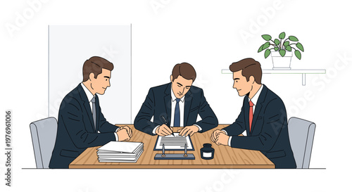 Three men in dark suits sit at a wooden table while one signs a document in a bright office environment with a small plant on a shelf in the background.