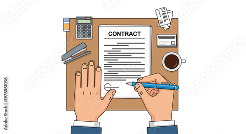 A top-down view shows a hand signing a contract on a desk equipped with a calculator, stapler, business cards, and a cup of coffee in a bright office.
