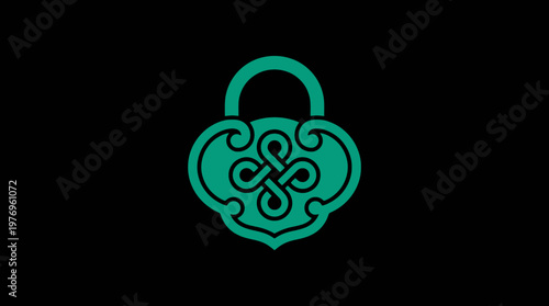 Teal Ornamental Lock Symbol Against Black Background