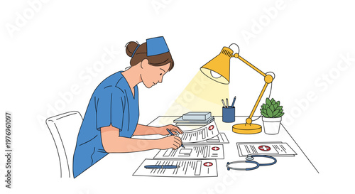 Dedicated nurse in blue scrubs sits at a wooden desk under a warm yellow lamp while meticulously reviewing important medical documents and patient charts.
