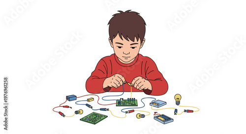 Focused young boy in a red shirt connecting colorful wires to a complex circuit board with various electronic components scattered on a white surface.