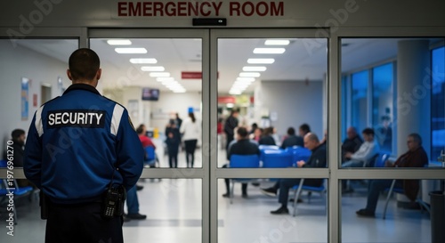 Male security officer standing at the entrance of a busy hospital emergency room triage