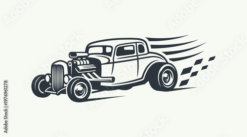 Vintage Hot Rod Car Speeding with Motion Trails and Checkered Flag Graphics