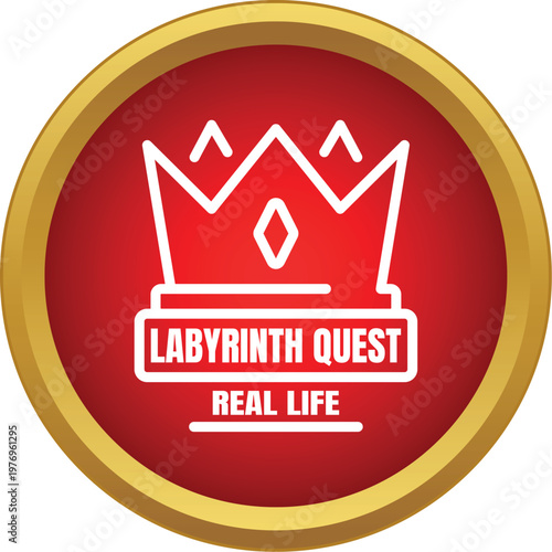 Outline crown icon with labyrinth quest real life on a red circle button