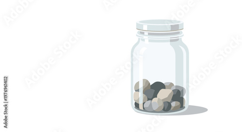Transparent glass jar containing a collection of assorted smooth river stones and pebbles resting on a pristine white surface in a bright environment.