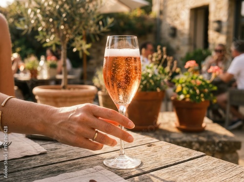A hand holding a glass of rose wine on a wooden table outdoors in a garden