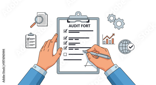 Two hands holding a clipboard labeled audit fort while marking checkboxes with a pen amidst various business icons in a bright professional setting.