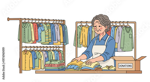 Elderly woman wearing an apron organizing clothes on racks and placing items into a donations box in a bright and organized community center setting.