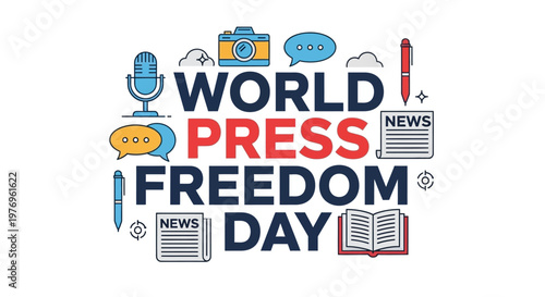 Diverse Icons of Microphone, Camera, Speech Bubble, Pen, Newspaper, and Book for World Press Freedom Day on an Isolated White Background.