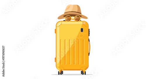 Bright yellow travel suitcase adorned with a stylish beige summer hat and classic round sunglasses for a vacation themed flat vector design composition.