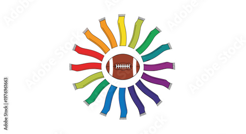 Brown American football centered within a ring of individual colorful scarves featuring a clean symmetrical layout for a sports fan themed vector graphic.