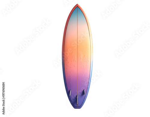 A colorful surfboard with fins, isolated on a white background
