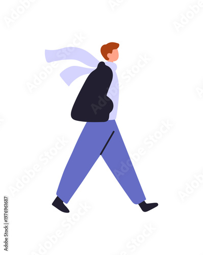 Young man in outerwear walks in winter. Person with scarf strolls in cold weather side view. Boy wearing warm clothes goes fast, hurry up. Flat isolated vector illustration on white background
