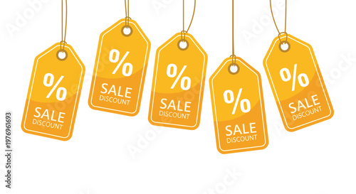 Five vibrant yellow promotional discount tags featuring percentage symbols hang neatly in a row against a pristine white background with soft golden tones.