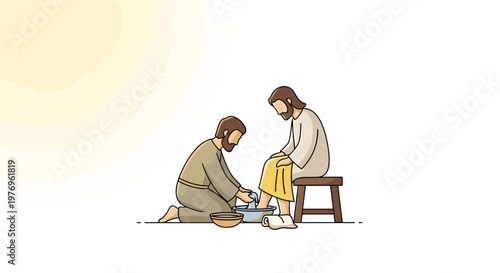 A humble man performs the ritualistic foot washing of a seated person within a minimalist white studio setting under soft warm golden ambient lighting.