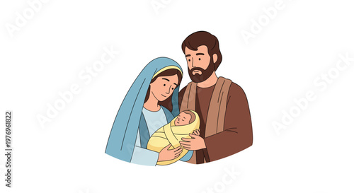 The tender parents cradle a swaddled newborn infant in their arms within a clean white environment featuring soft muted pastel tones and gentle lines.