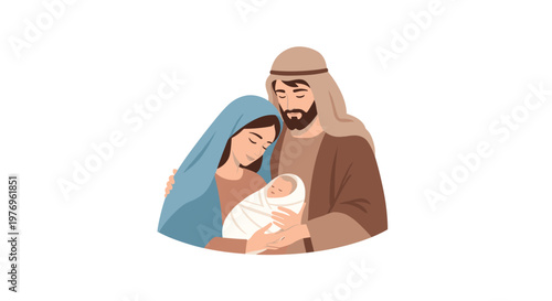 A loving couple embraces their swaddled infant child within a bright airy space characterized by soft earth tones and smooth minimalist artistic lines.