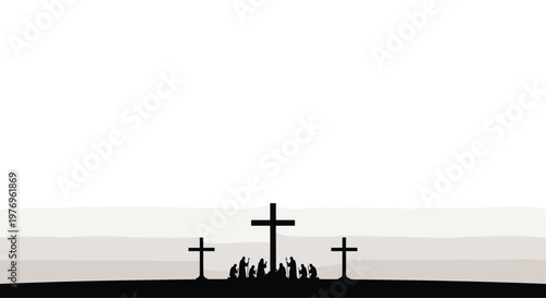 Three crosses rise from a dark hill where small silhouetted figures kneel in prayer within a vast muted landscape under a soft monochromatic horizon.