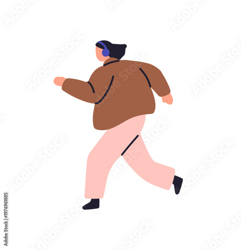 Young woman in outerwear hurries up and runs side view. Person in winter clothes is rushing. Jogging girl listens to music with headphones. Flat isolated vector illustration on white background