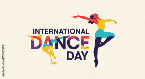 Vibrant Female Dancer Silhouette Celebrating International Dance Day with Artistic Typography on a Light Yellow Background.