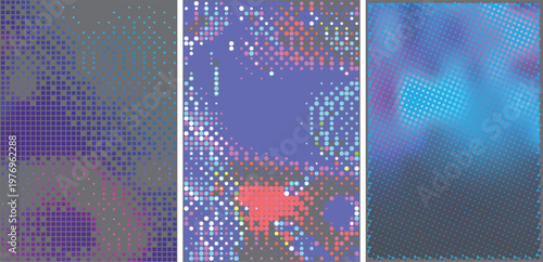 Vibrant pixelated backgrounds with colorful dots and squares in purple, blue, and pink hues