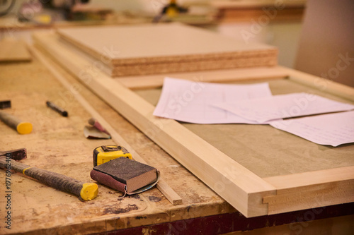 Foto Professional woodworking tools on a wooden table