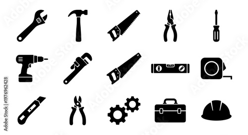 Black construction tool icons, 15 repair equipment vectors, hardware set