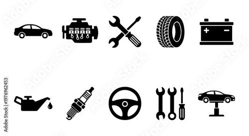 Car service icons set, automotive repair symbols, 10 black vector elements